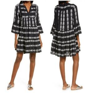 Elan Acklins Black White Embroidered Boho Shift Dress Small Bell Sleeve Cotton